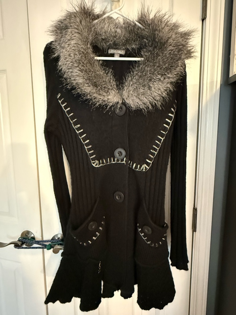 Roz & Ali Black Cardigan Sweater with Gray Faux-Fur Collar